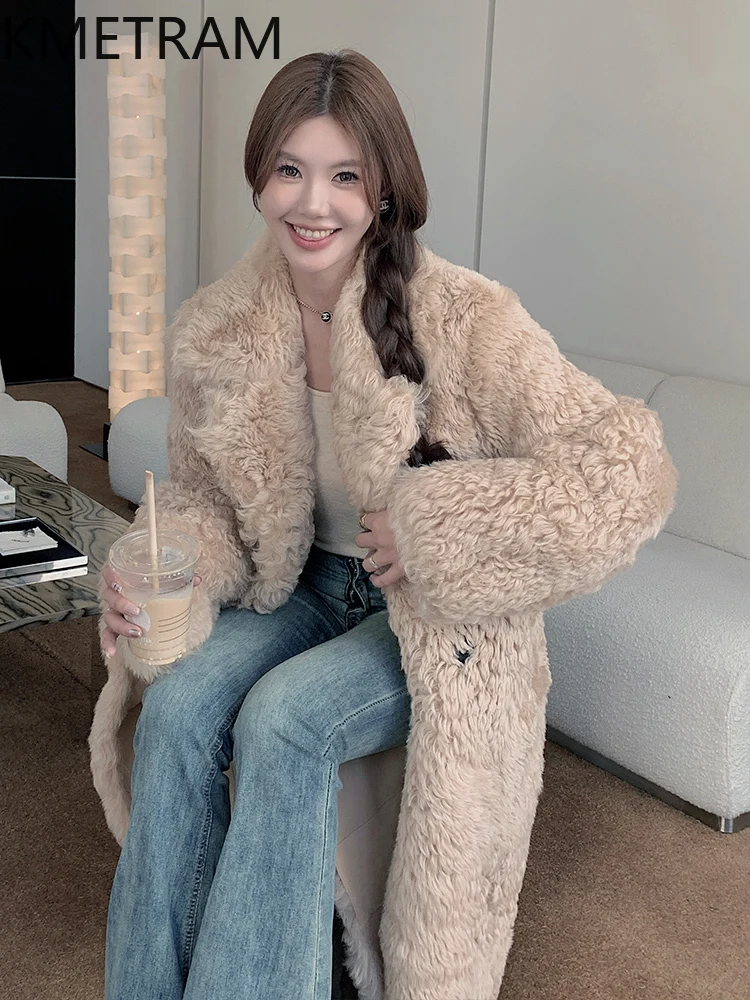 ธรรมชาติ Tuscany ขนสัตว์ Sheepskin Double Faced เสื้อขนสัตว์ผู้หญิงคุณภาพสูง Apricot ยาวขนสัตว์จริงฤดูหนาวเสื้อผ้าผู้หญิง 2025