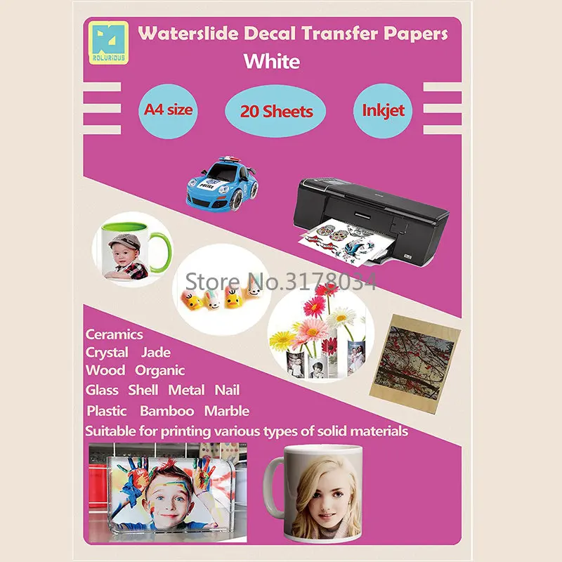 20 Sheets A4 White Color Inkjet Water Slide Decal Tranfer Paper DIY Sheets White High Resolution DIY Design Cup