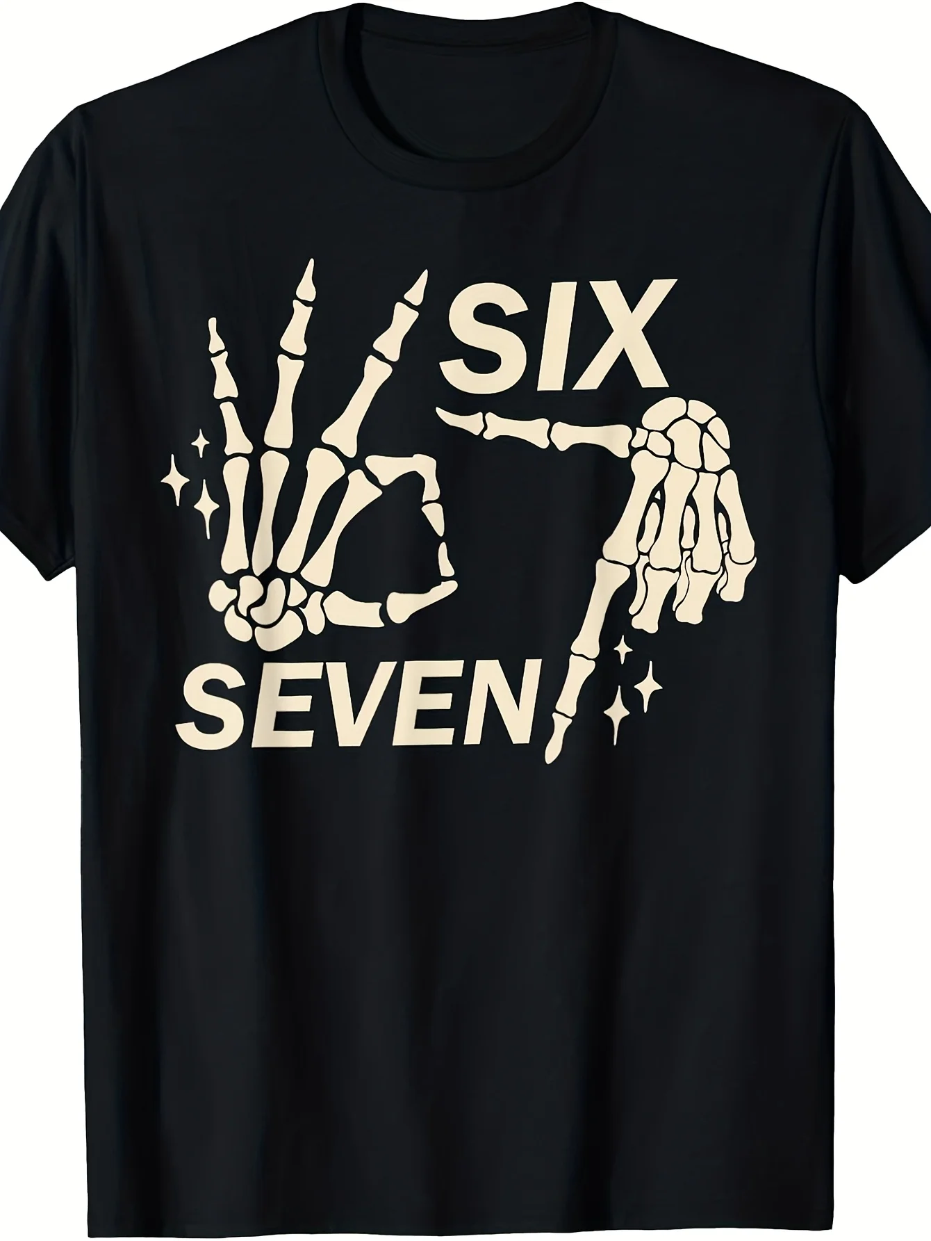 Funny 67 Six Seven Gag Graphic Couple T-Shirt - 6 and 7 Number Joke Skull Hand and Phone Icon Design, Black and Beige Casual Crew Neck T-Shirt, Suitable for Clothing, Couple Outfits (Machine Washable)