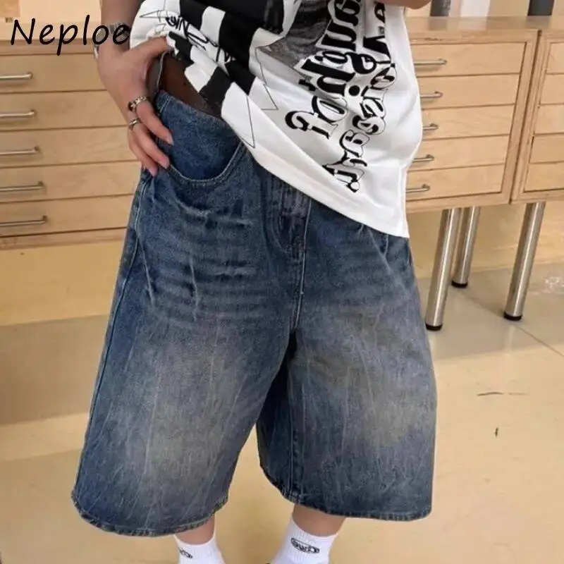 BabYoung American Vintage Washed Denim Shorts For Women Y2k Loose Calf- Length 2025 Summer New Straight Wide Leg Pants