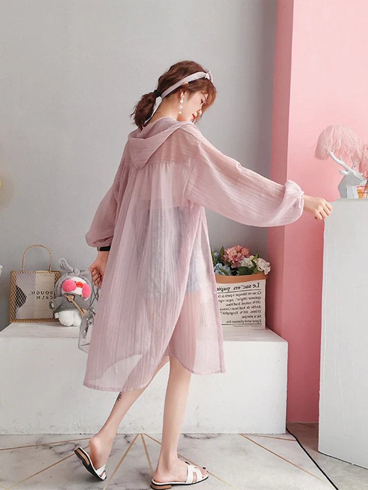 Ice Silk Sun Protection Women's Mid-Length Summer Strap Outer Cardigan Shells Chiffon Shawl Lightweight Hooded Jacket Spring ...