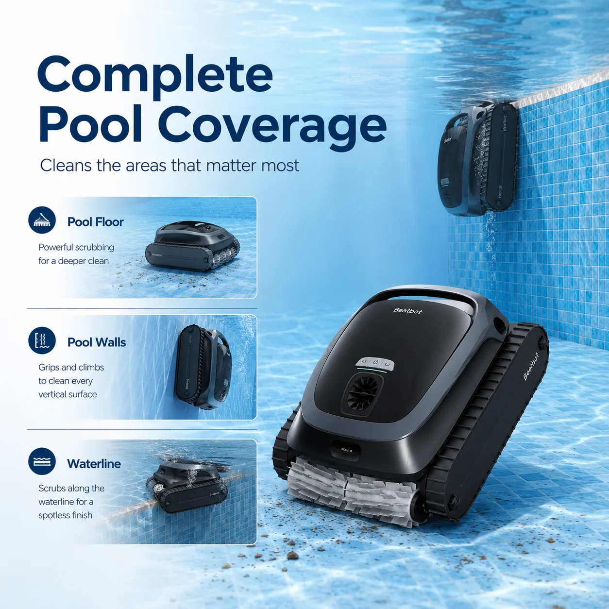 Beatbot AquaSense 2 Robotic Pool Cleaner Cordless Vacuum Robot Wall Floor Waterline Smart Navigation 4H