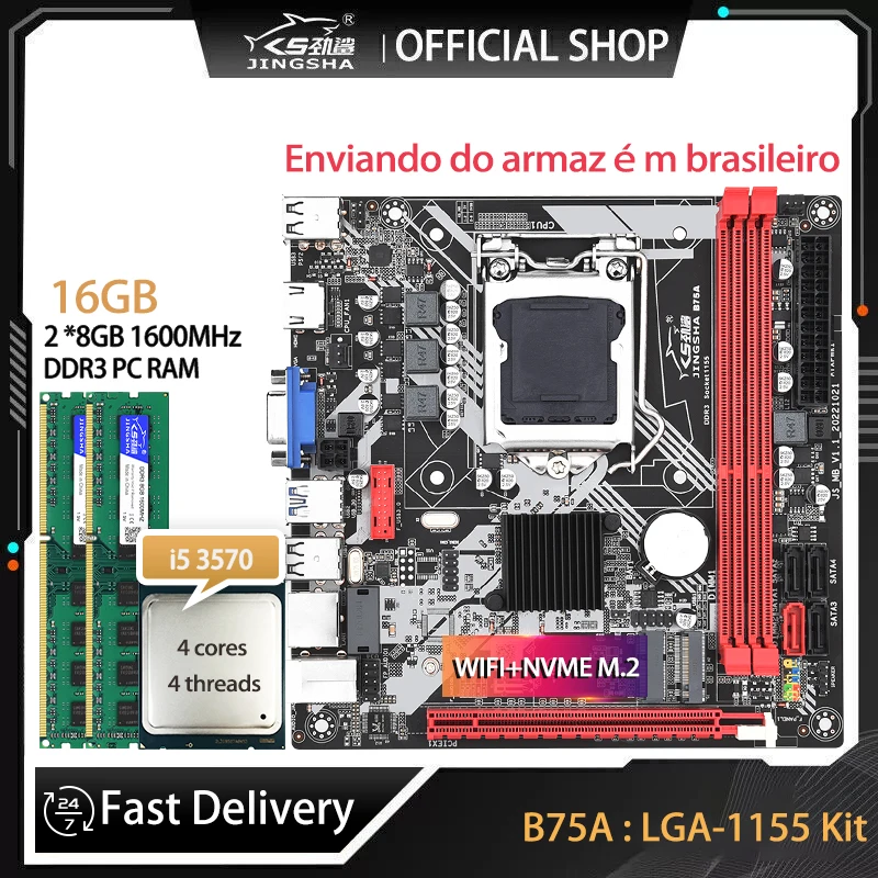 JINGSHA B75 PC LGA 1155 Motherboard gaming kit with core i5 3570+2*8GB=16GB DDR3 Plate placa mae Support NVME M.2+WIFI Kit Board