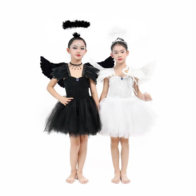 Girls Black White Angel Tutu Dress With Winged Hair Accessory For Kids Halloween Matching Outfit Holiday Stage Party Performance