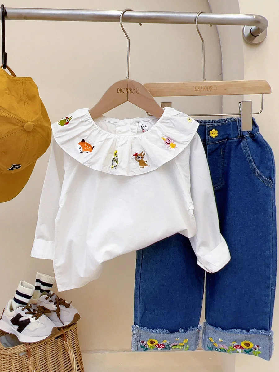 2023 children\'s spring autumn girls\' clothes suits cartoon  shirt long-sleeved shirts + flower jeans pants 2pcs clothing set