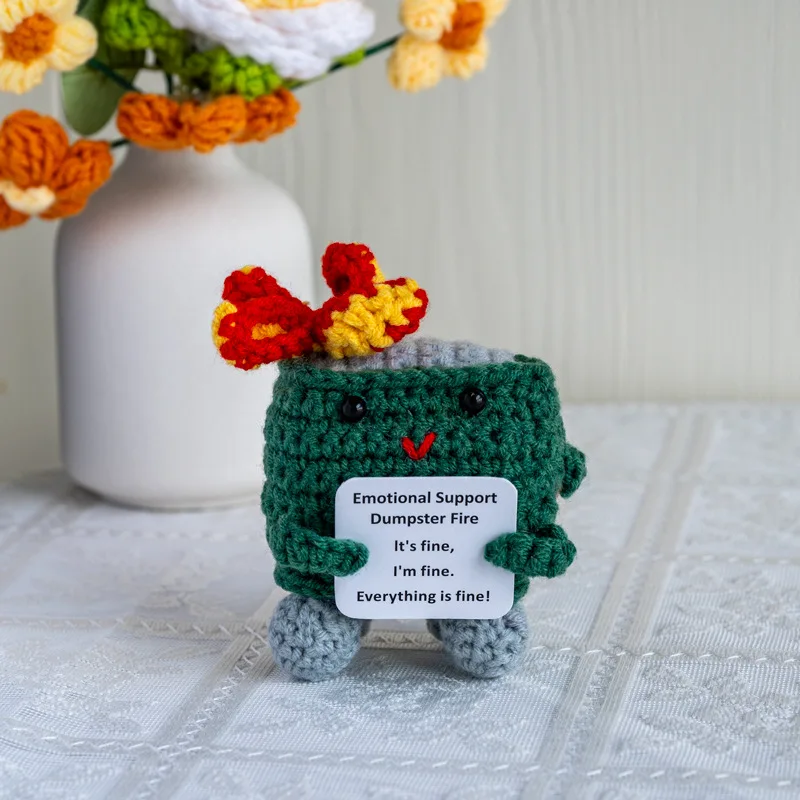 Funny Positive Crochet Dumpster Fire Ornament Cute Emotional Support Dumpster Fire Doll Home Room Decoration Christmas Gifts