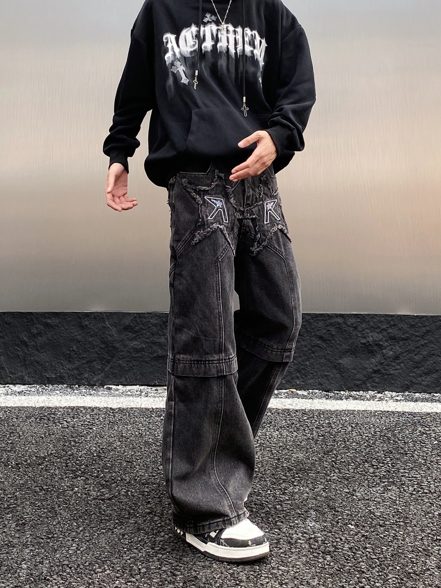 الرجعية الأمريكية Waed ممزق المطرزة الجينز الرجال فضفاض مستقيم واسعة الساق الثقيلة الهيب هوب شارع العليا السراويل جينز غير رسمي #3