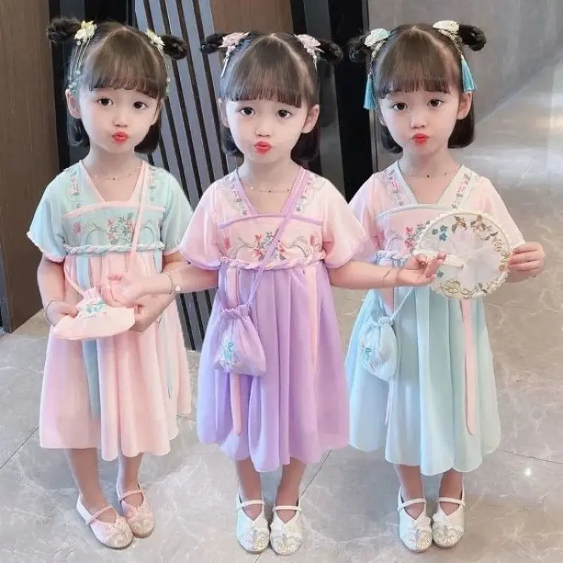 New Japanese and Korean Hanfu Children\'s Dress Thin Short Sleeve Princess Dress Tang Baby Super Fairy Chinoiserie Children\'s Sum