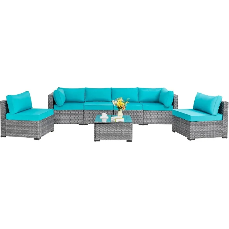 7 Pieces Outdoor Patio Sectional Sofa Silver Grey PE Wicker Furniture Reception Set for Garden Poolside Backyard Sky Blue