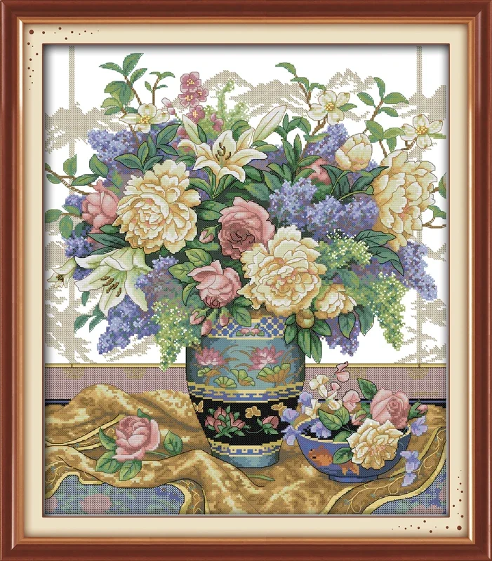 

Joy Sunday New Printed Cross Stitch Kit Easy Pattern Aida Stamped Fabric Embroidery Set DIY Needleworks-Oriental Vase