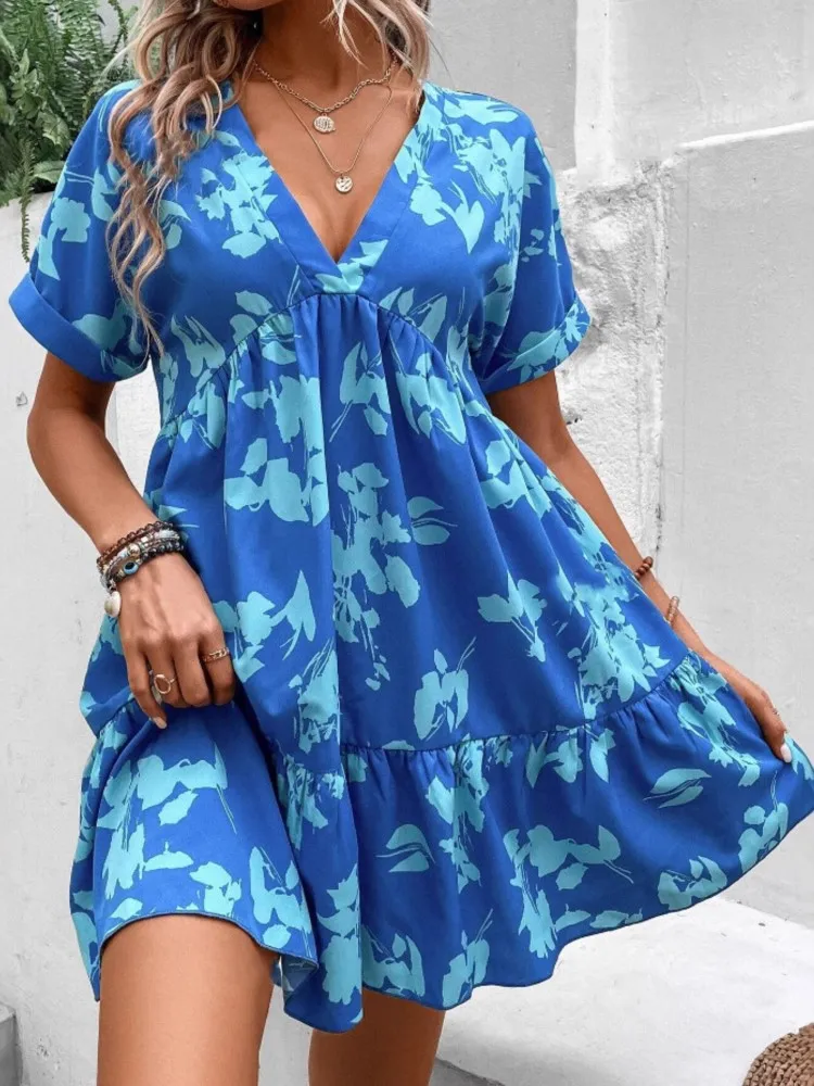 

Lady Print Loose Dress Fashion V-Neck Short Sleeve Pullover Mini Dresses For Women Casual Holiday Beach Skirt Robe Femme Summer