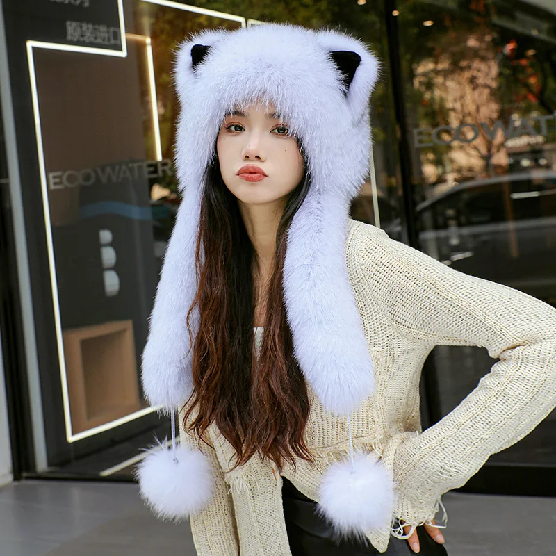 

2023 Cap 100% Real Fox Fur Women's Hats Russian Ushanka Aviator Trapper Snow Ski Hat Earflap Caps Winte Raccoon Fur Bomabe Hat,