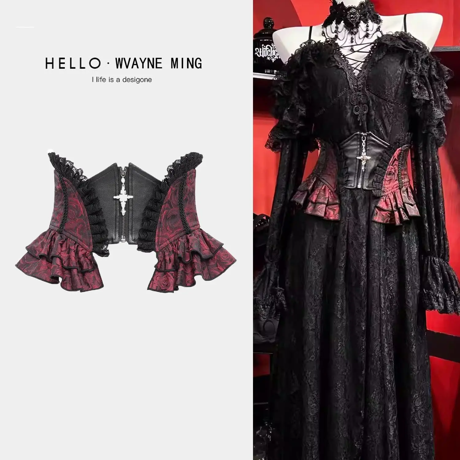 

Coalfell Dark Gothic style Lace Corset Female Black and Red Ruffled Lace Bustier Lolita Subculture Hot Girl Clothes Accessories