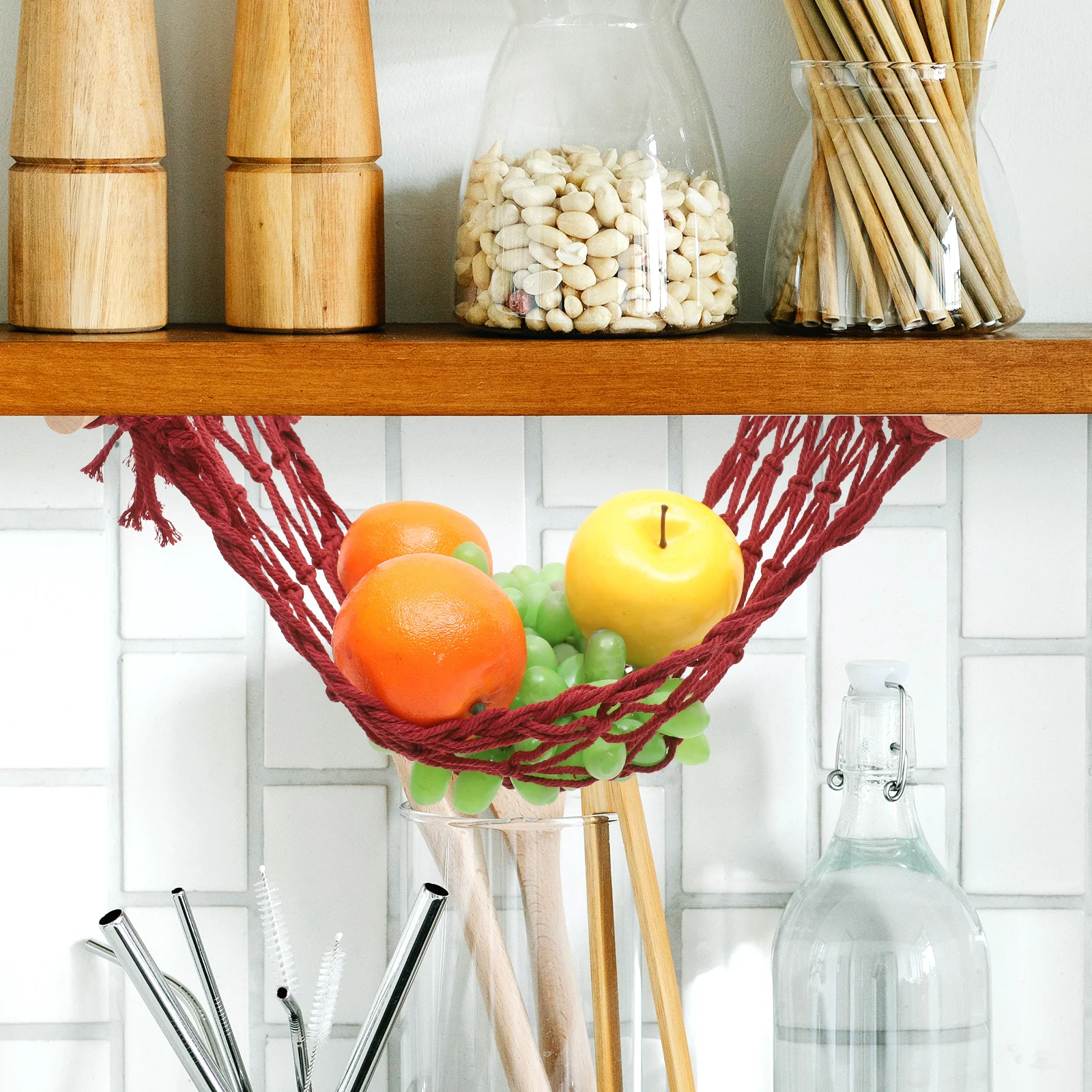 

1 set 1 Set Kitchen Woven Storage Basket Fruit Hammock Hanging Vegetable Net Bag For Home Rv Apartment Bohemia Style Cotton Rope