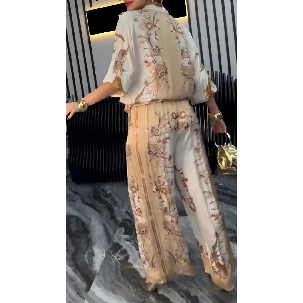Women Beige Boho Print 2 Piece Outfit Batwing Sleeve Blouse and Loose Wide Leg Pants Casual Bohemian Set for Streetwear Festival view 6