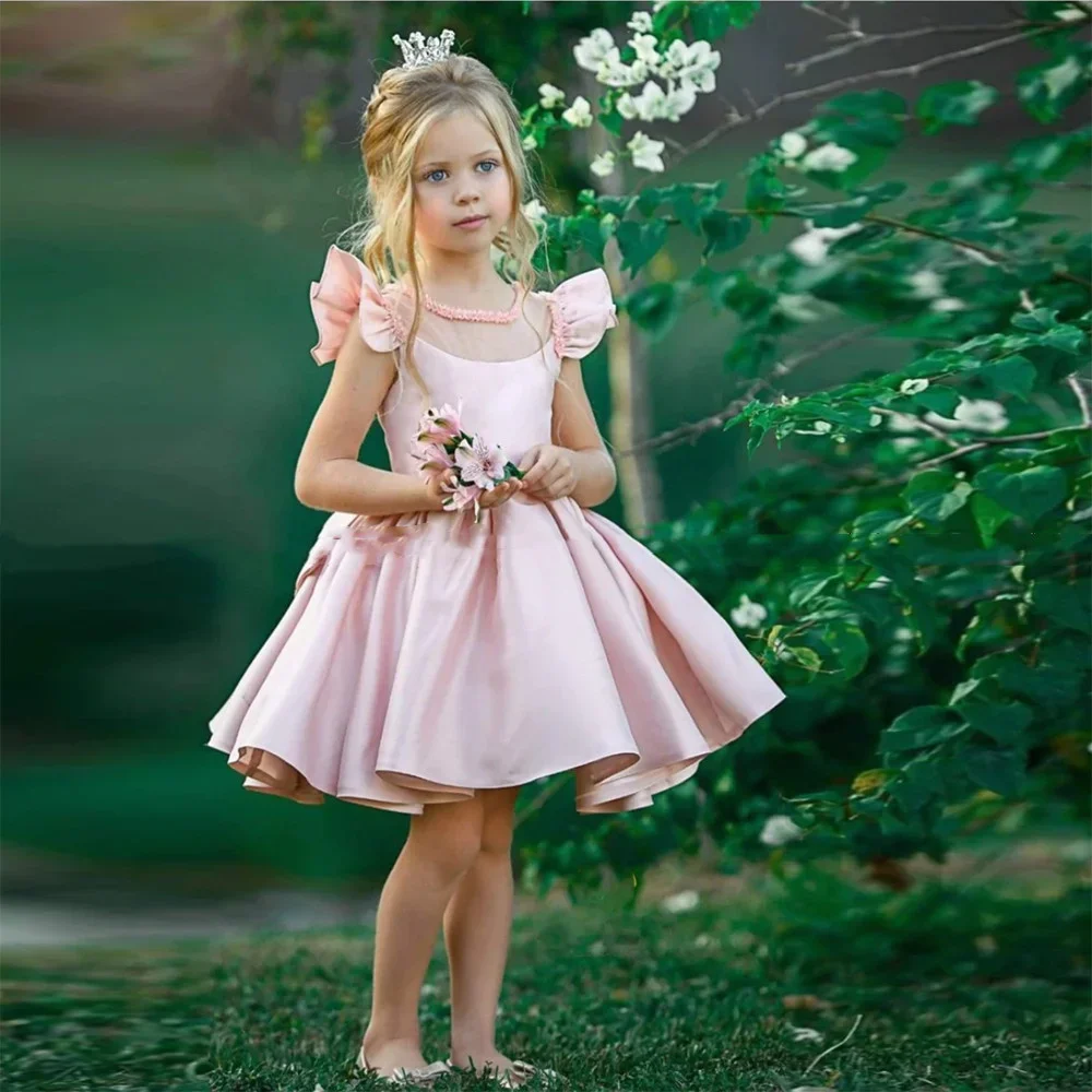 Pink Short Flower Girl Dress Skirt Satin Lotus Leaf Sleeve Wedding Cute Little Flower Child First Communion Party Dress