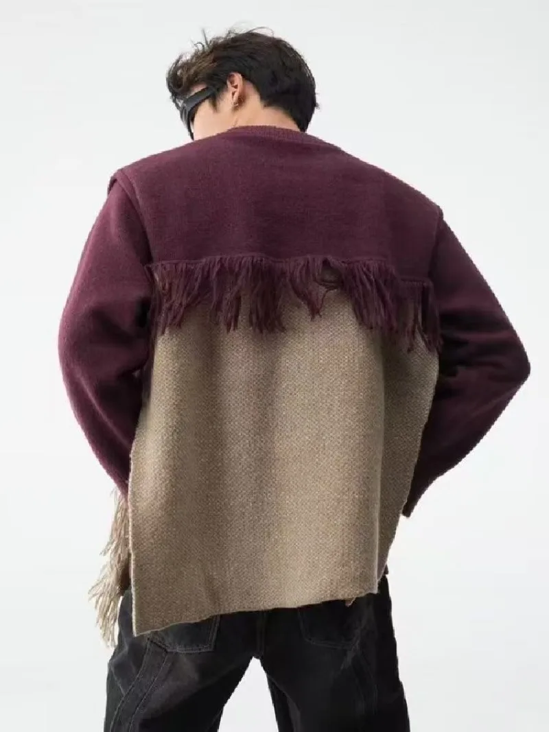 Jesienno-zimowy sweter vintage z frędzlami, dziergany, damski i męski, w stylu amerykańskiego goth, z dziurami, luźny pulower, dla par, casualowa bluza.