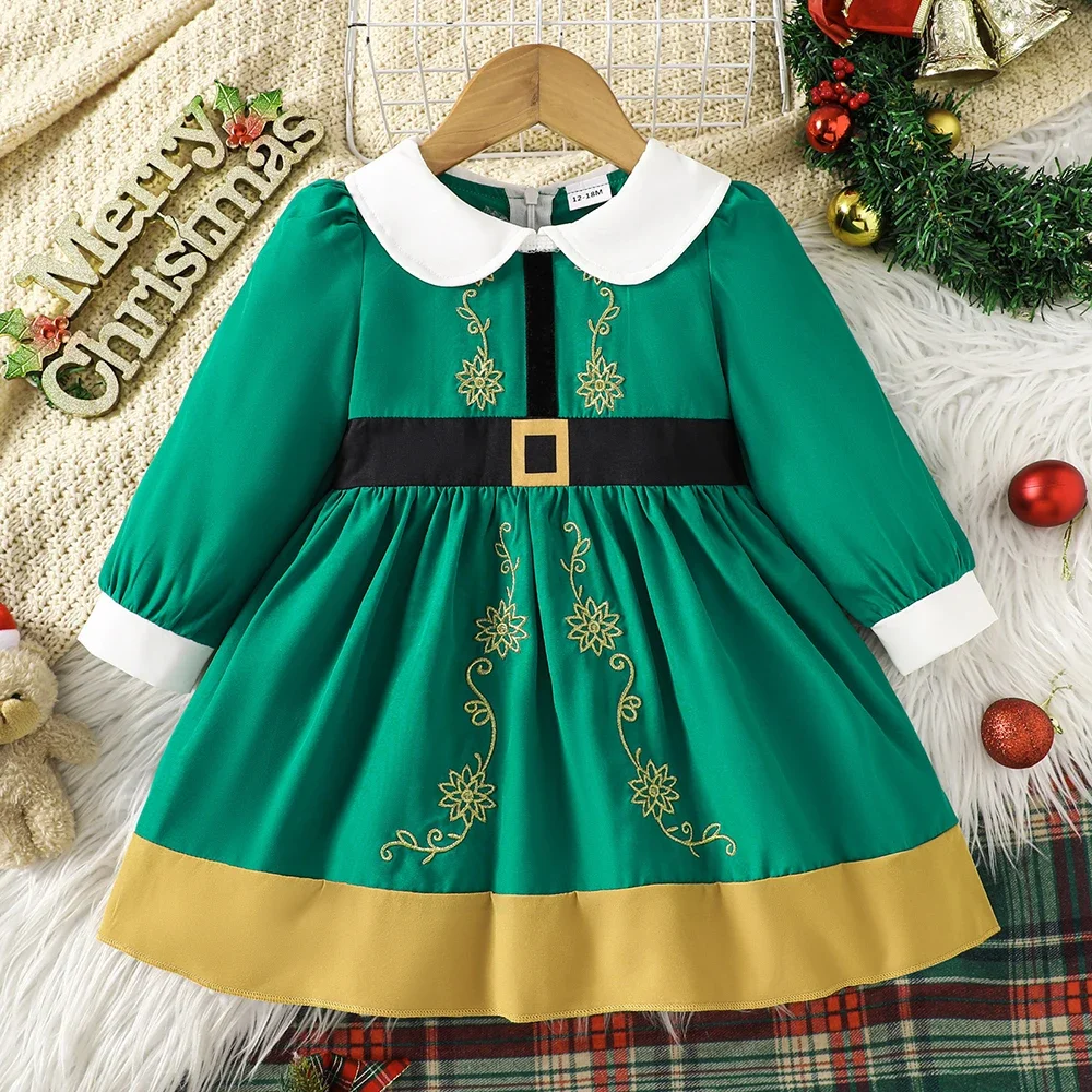 MILANCEL Christmas Children\'s Clothing 1-5 Y Girls Embroidered Patchwork Peter Pan Collar Dress 2024 Autumn Long Sleeve Dresses