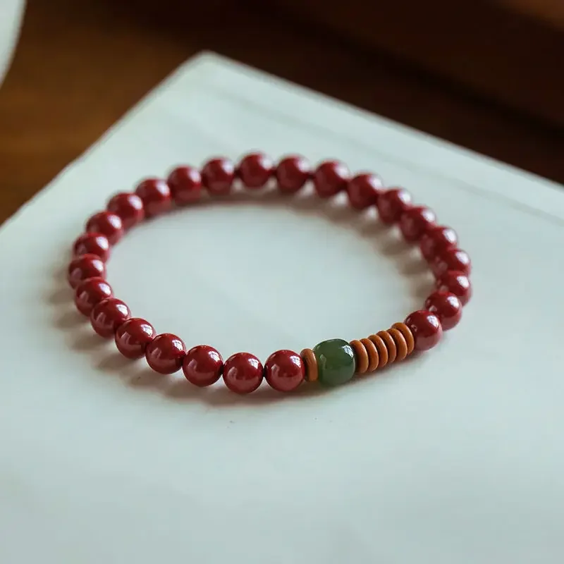 New Chinese Natural Cinnabar Hetian Jade Lucky Beads Bracelet Women's Olive Kernel This Year Jewelry Advanced GiftAll The Luck