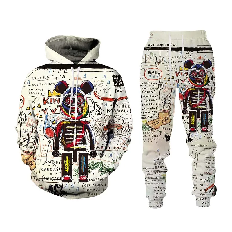 New Hip Hop Graffiti 3D Cartoon Printed Hoodie + Pants Suit Cool Men/Women 2 Pcs Sportwear Tracksuit Set Spring Autumn Men\'s Clo