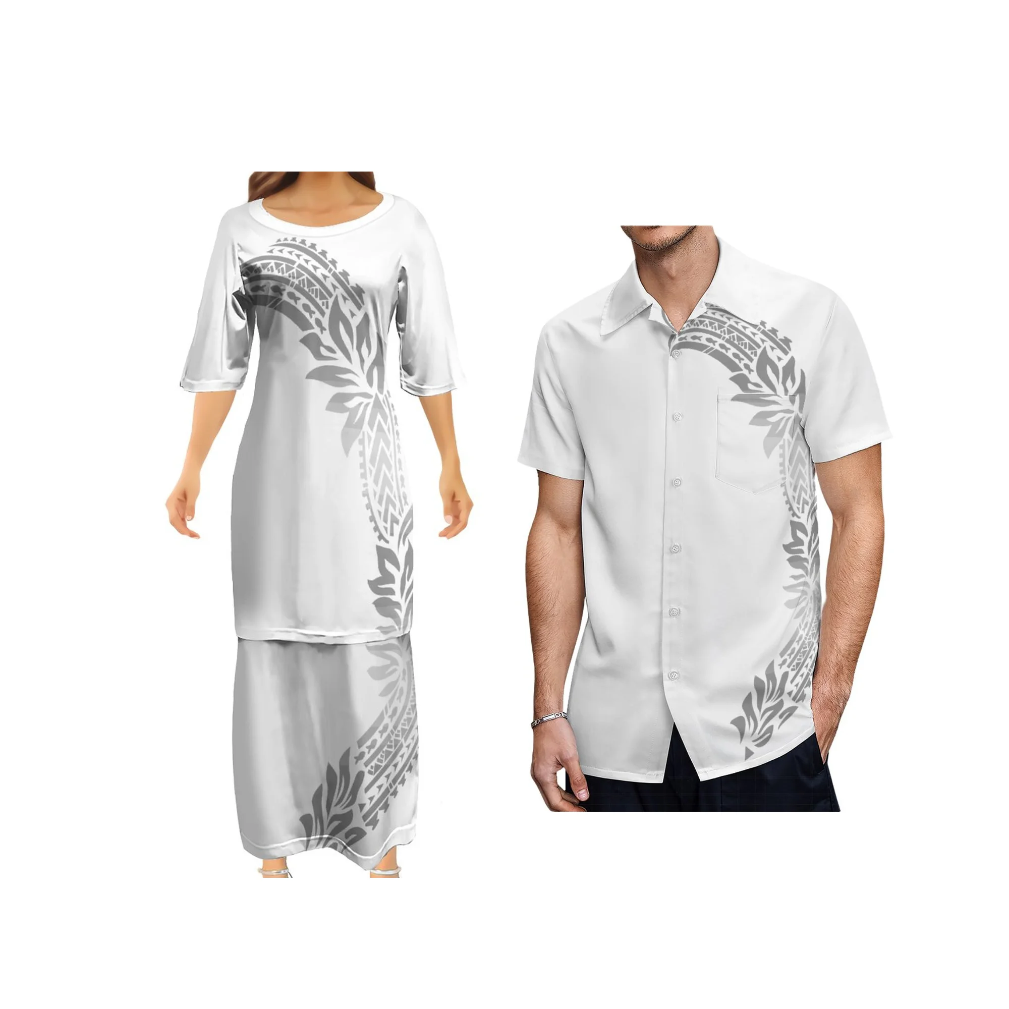 New Design Mothers Day round  Neck Samoa Puletasi White  Customize Polynesian Tribal Print Top And Skirts Womens 2 Piece Sets Dr
