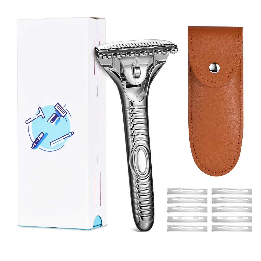 

Manual Razor For Men With 10Pcs Blade Set Metallic Luxury Hair Shaving Kit Finish Cutting Beard Trimmer Shaver Customizable Logo