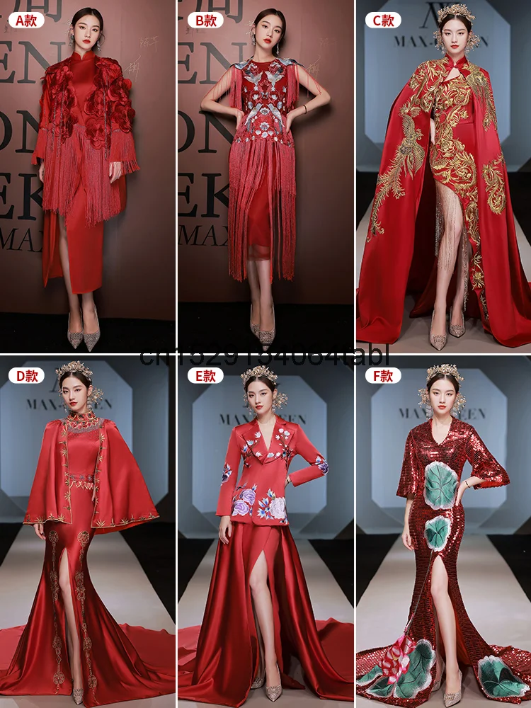 

China-Chic Chinese Style Catwalk Cheongsam Long Performance Clothes High-end Atmosphere Host Dress Women's Senior Red Han Fu