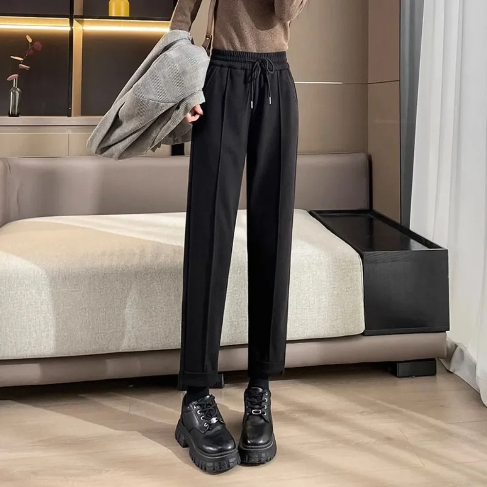 

Прямые брюки Harlan с эластичной резинкой на талии, брюки-харлан, брюки в стиле вестерн, осенне-зимние плюшевые утолщенные свободные брюки с высокой талией для похудения