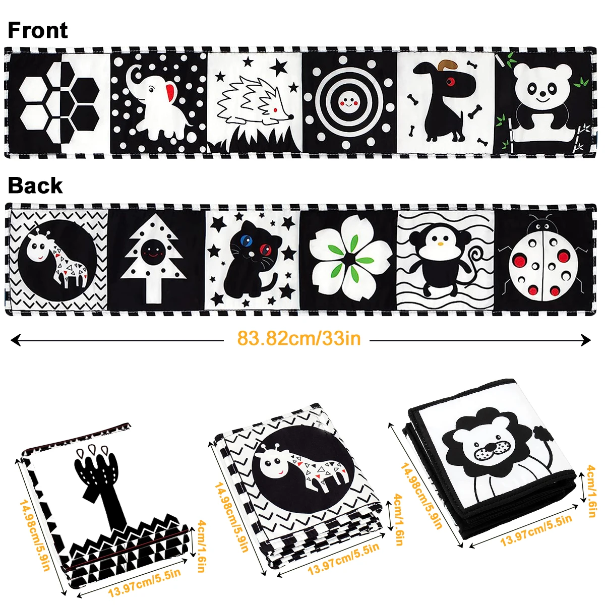 Baby Cloth Book Black and White High Contrast Sensory Toys Early Education Toddlers Sensory Activity Fabric Book for Babies