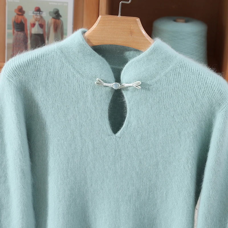 Outono inverno feminino estilo chinês abotoado camisola pulôver simples básico casual macio quente inferior roupas 100% vison caxemira