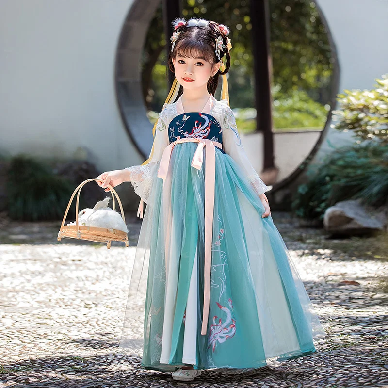 Hanfu Girls Summer Thin Super Fairy Antique Dress Short Sleeve Fairy Qi Ru Skirt High-end Children's Ancient Dress Nine Tailed