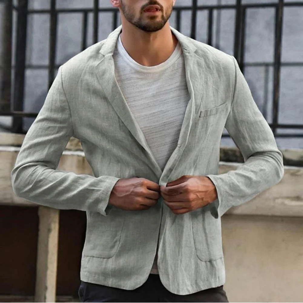 Linen Jackets for Men Casual Summer Suit Coat Grey Single Breasted Loose Fit Lightweight Wedding Prom Groom's Wear Blazer Dress