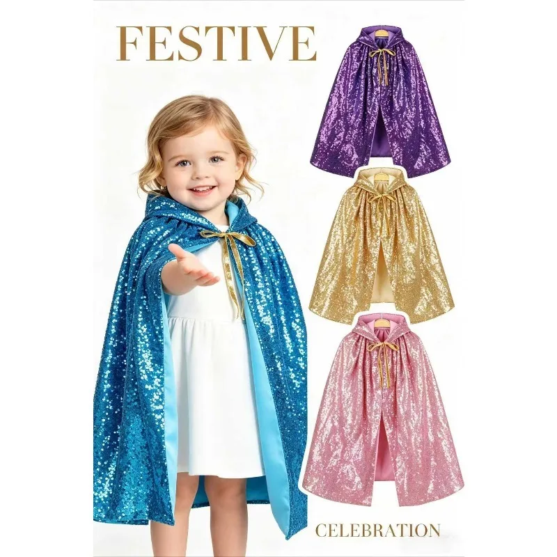 

Sequined Hooded Cape Glitter Cloak Sparkle Poncho for Birthday Party Halloween Christmas Cosplay Princess Costume Outerwear