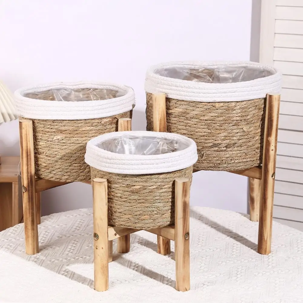 Wooden Balcony Flower Stand Heavy Duty Floor Flower Stand Stable Rattan Plant Basket Smooth Surface Indoor Outdoor for Balcony