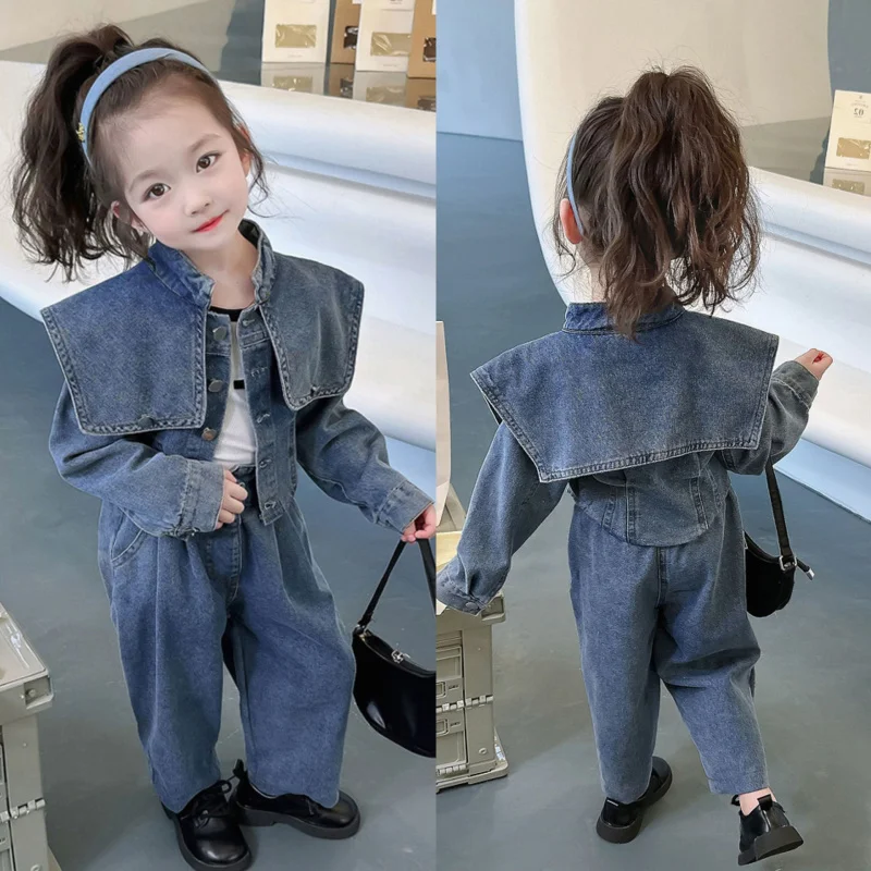 Hnq-Girls' Fashionable Lapel Denim Suit Autumn New Fashionable Jacket Trousers Two-Piece Set Children One Piece Dropshipping