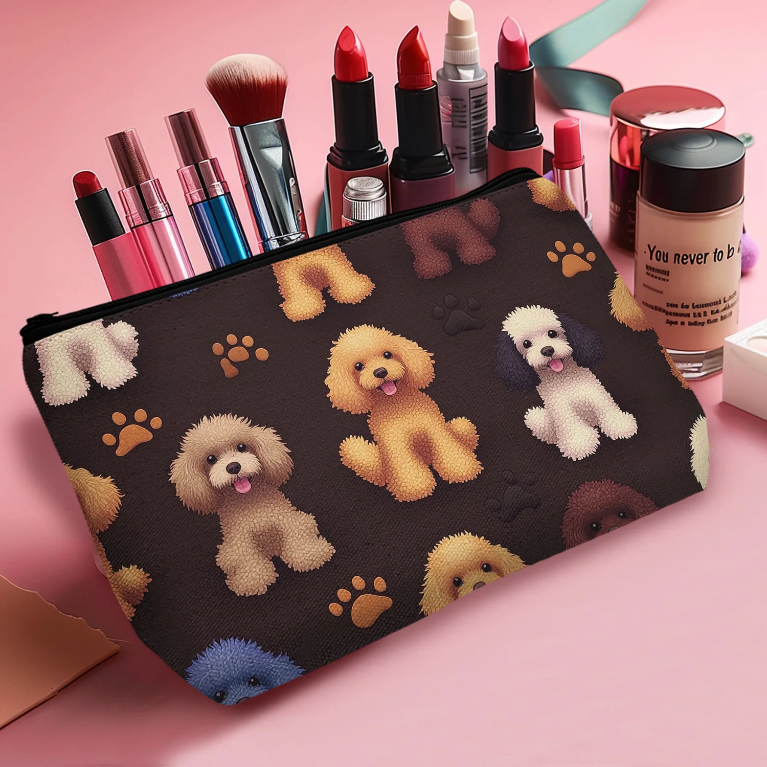 1Pc Casual Style Cosmetic Bag With Dog Print Small Makeup Organizer Pouch For Travel Beach Backyard Dating 8.66x5.51Inch