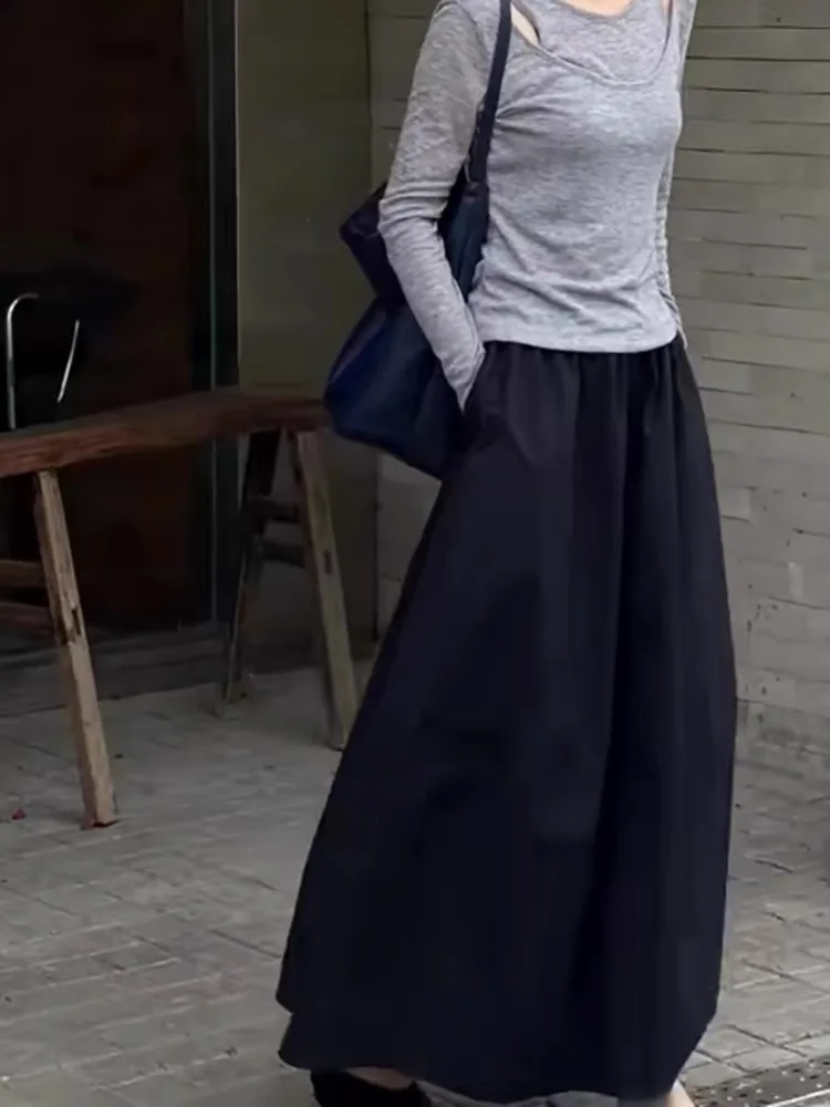 

Bla Bloom Свободная длинная юбка с высокой талией Женские осенние юбки с половиной тела Юбки-миди трапециевидной формы Повседневный прямой крой