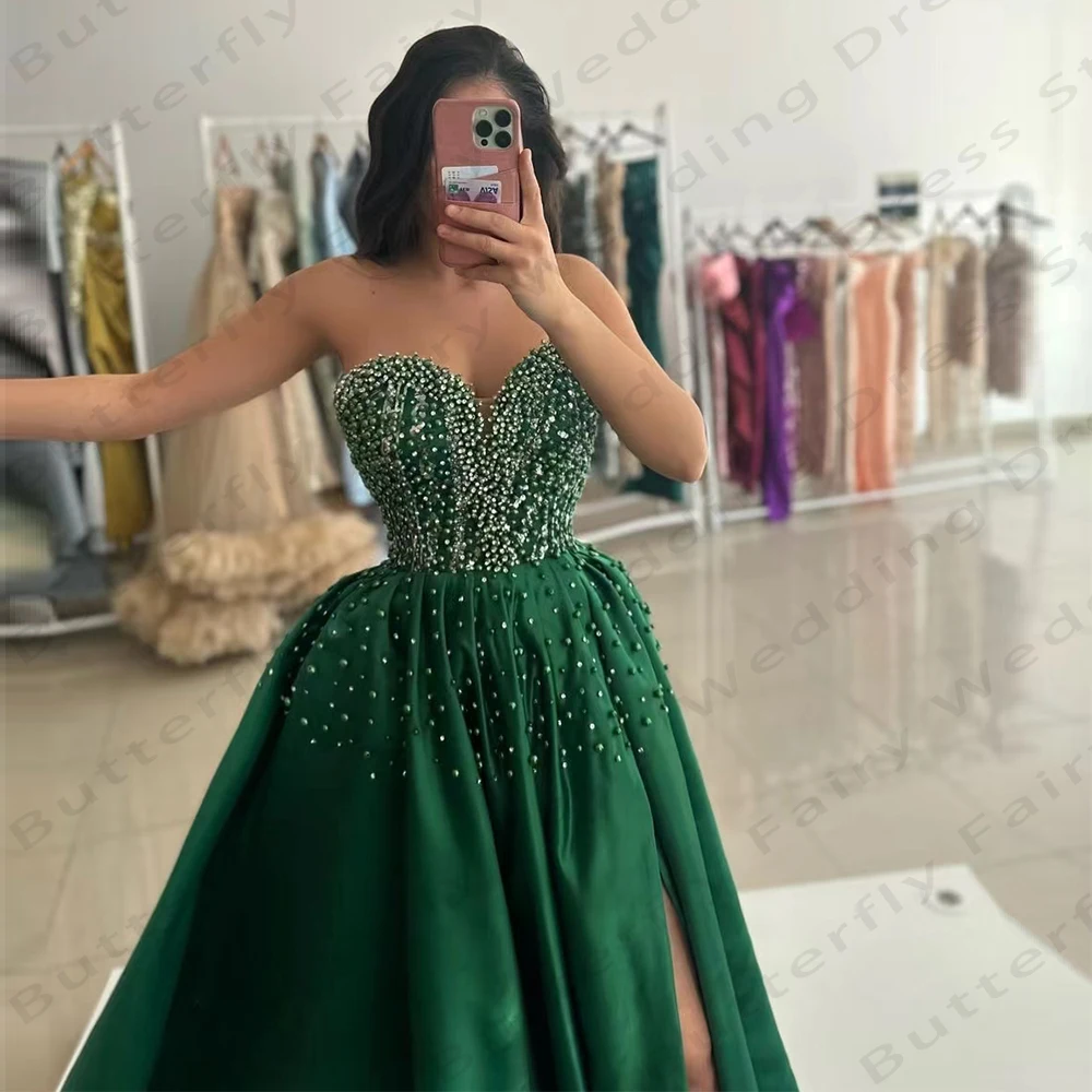 Green Women's Prom Dresses A-Line Section Fabric Pleated Bead String Sexy Off Shoulder Sleeveless Princess Evening Gowns Formal