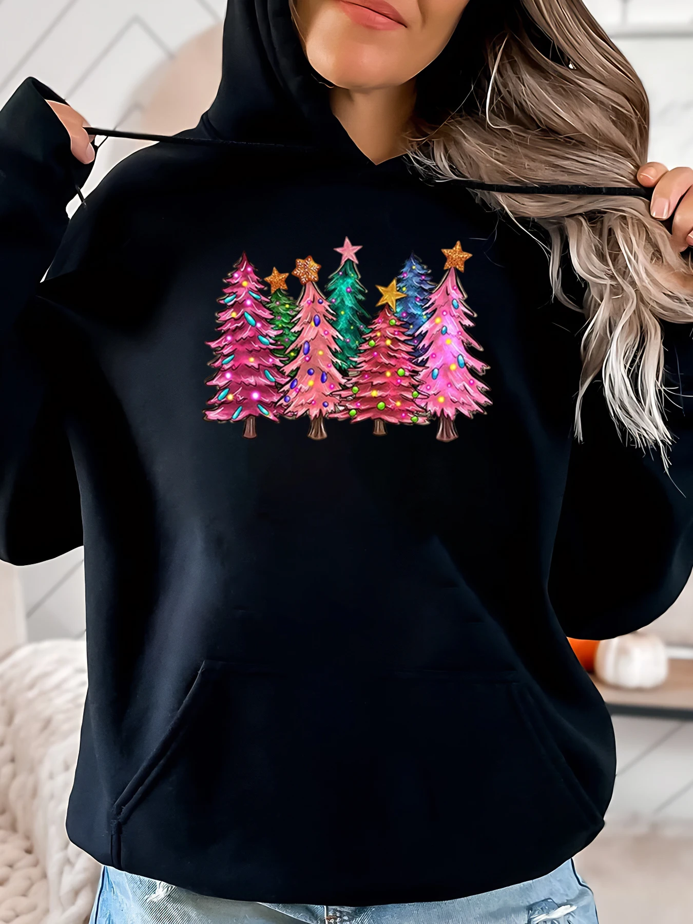 

Красочная праздничная толстовка с принтом рождественских елок, женская повседневная одежда, наряд для вечеринки, черный, больших размеров