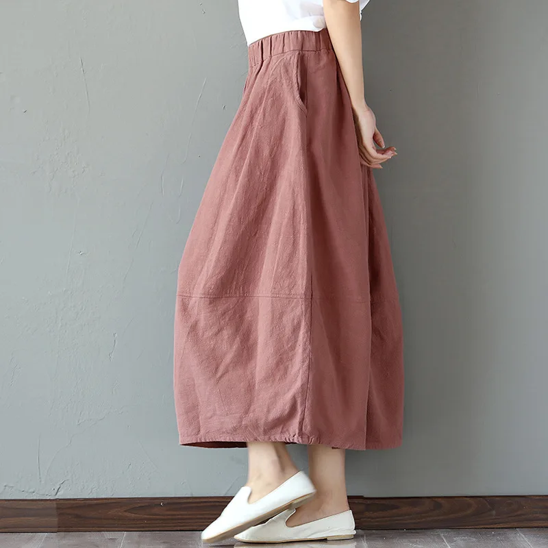 Elastic waist Cotton Linen Solid color Women Skirt Vintage Mini girl style Casual Summer Skirt female Cute Long Skirt