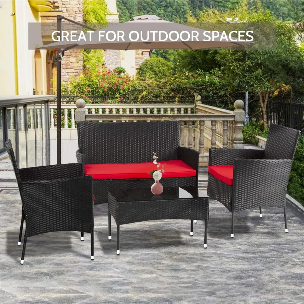 

4-Pieces Rattan Furniture Wicker Chair Patio Set with Loveseats glass finish Table,Red Cushion,Outdoor Garden sofa