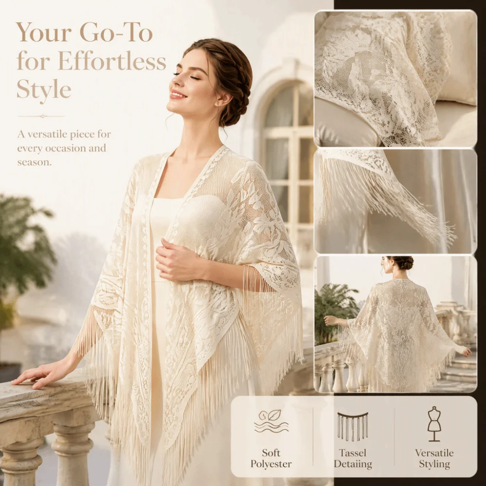 Floral Embroidery Women Lace Scarf With Tassels Lightweight Tulle Evening Prom Cape Transparent Mesh Triangle Shawl Party Use