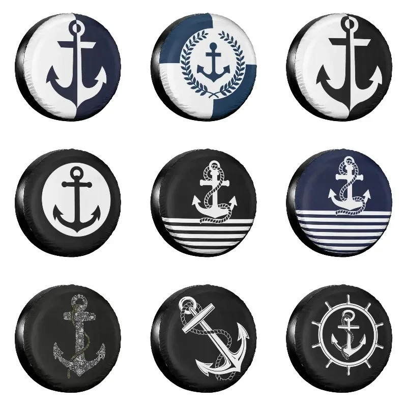 Nautical White And Navy Blue Anchor Spare Tire Cover for Suzuki Mitsubish Navy Navigation Car Wheel Covers 14