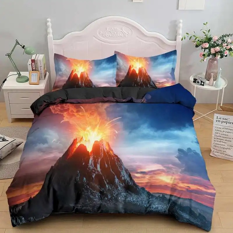 

Volcano King Queen Duvet Cover Eruption Hot Lava Bedding Set For Kids Teens Adults Natural Disaster Molten Polyester Quilt Cover