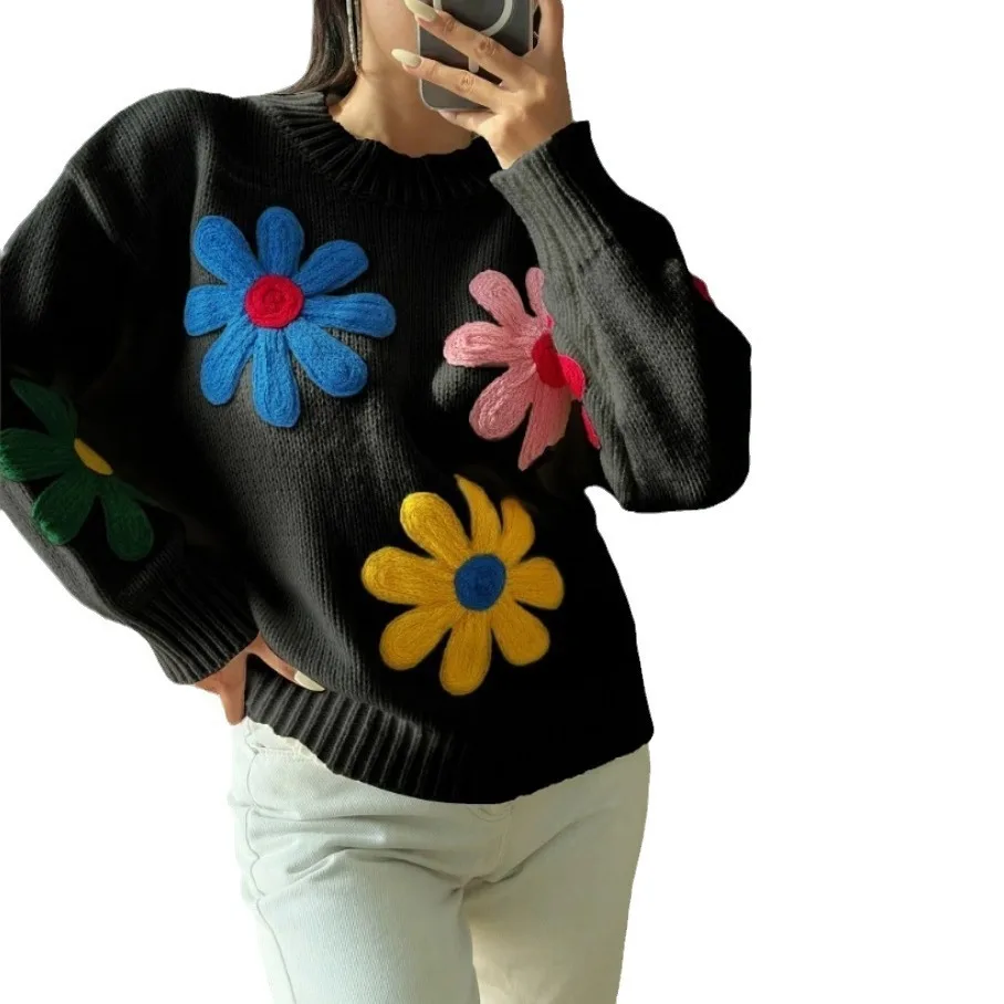 

Long Commute Sle Knitted Wear Thiened Small Flower Sweet Cute Sweater Coat Polyester Fiber
