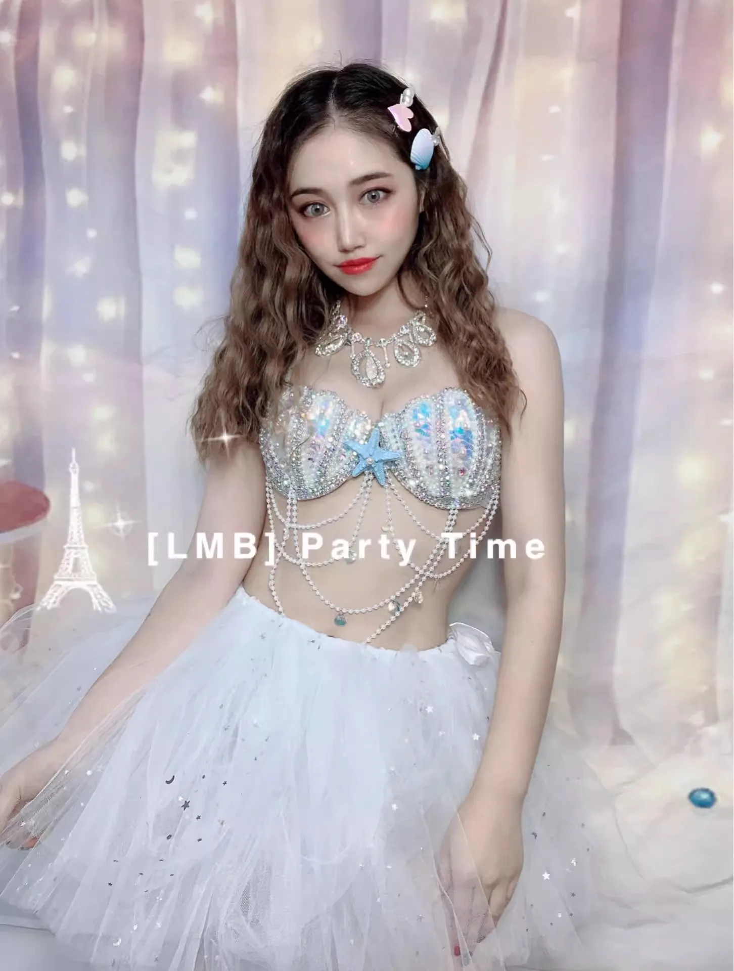 Party Club Clothing Sexy Luxurious Sparkling Diamond Bikini+Mesh Puffy Dress Set Nightclub Bar Female Singer Dance Stage Outfit