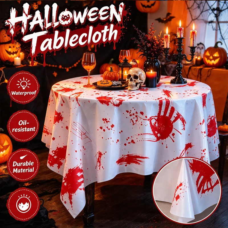 Spooky Halloween Bloody Handprint Tablecloth Disposable Waterproof Oil-Proof Party Table Cover for Horror Decor Haunted House