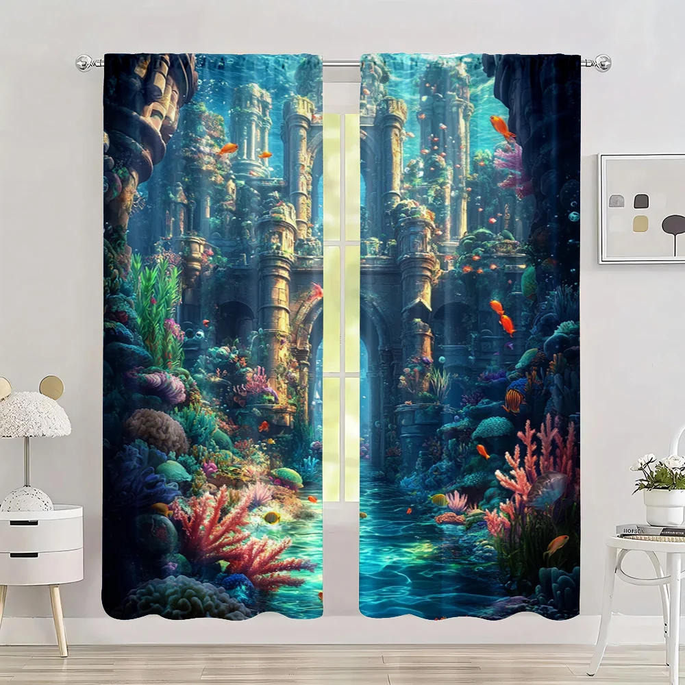 

2pc, Window Treatment Curtains (20.67x45.67in,29.53x65.35in,29.53x102.36in,41.34x90.55in,51.18x82.68in) underwater world
