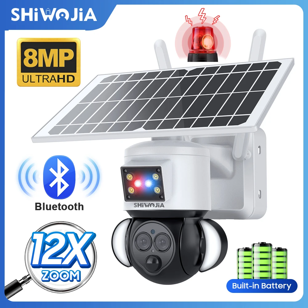 SHIWOJIA 4K 8MP Solar Camera WIFI Bluetooth Dual Lens Security CCTV 12X Optical Zoom Humanoid Tracking Outdoor Solar Panel Cam