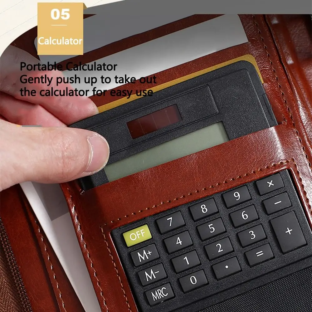 

Memo Book Portable File Folder 6-Ring PU Leather Portfolio Binder Card Holder Zippered Closure Business Notebook Office Supplies